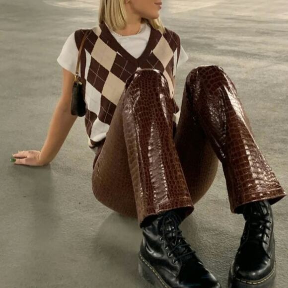 Motel Rocks Zoven Flare Trouser in Croc PU Brown Size Small Chocolate Brown - Picture 1 of 11